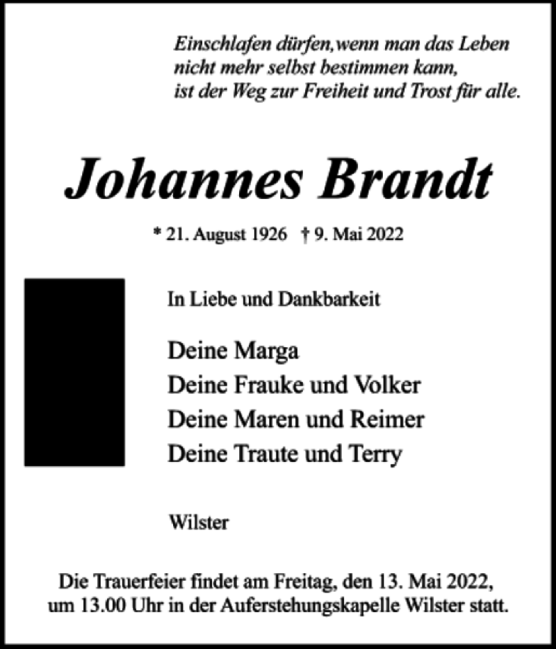  Traueranzeige für Johannes Brandt vom 11.05.2022 aus Norddeutsche Rundschau
