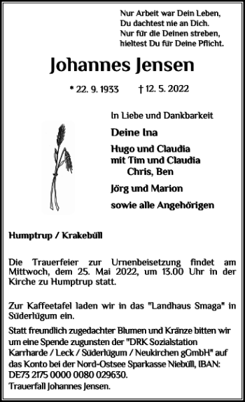 Traueranzeige von Johannes Jensen von Nordfriesland Tageblatt