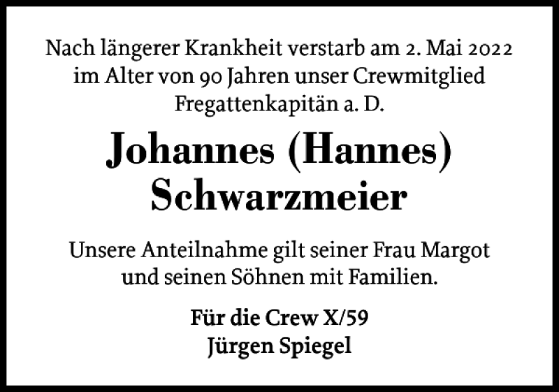  Traueranzeige für Johannes Hannes Schwarzmeier vom 14.05.2022 aus Flensburger Tageblatt