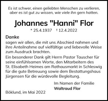 Traueranzeige von Johannes Hanni Flor von Schleswiger Nachrichten