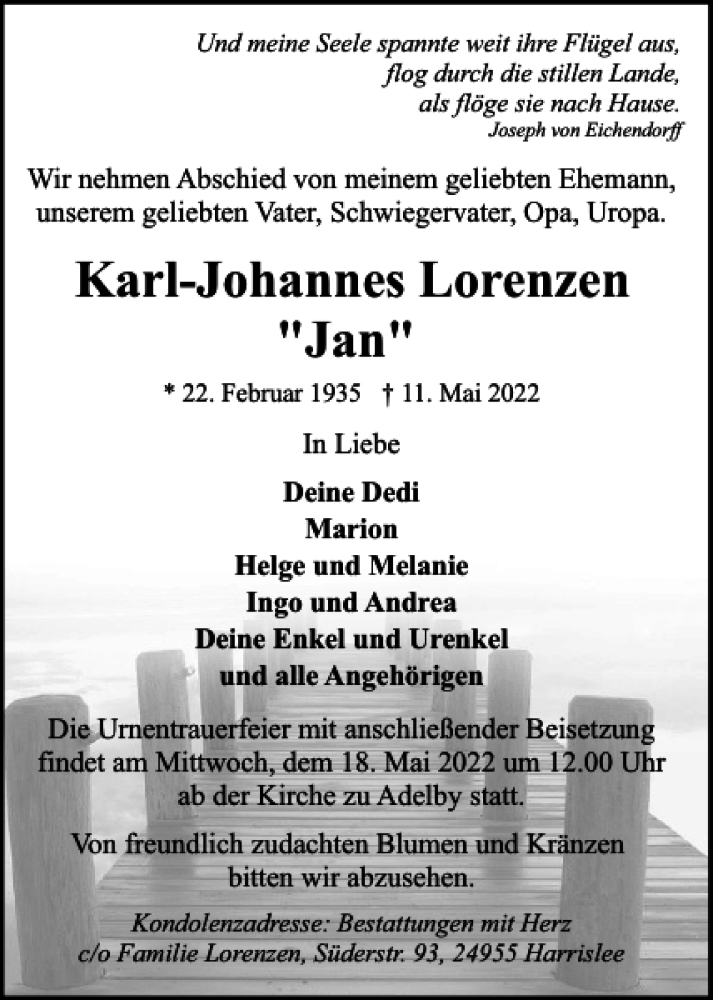 Traueranzeige für Karl-Johannes Lorenzen Jan vom 14.05.2022 aus Flensburger Tageblatt