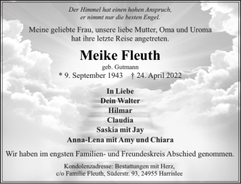 Traueranzeige von Meike Fleuth von Flensburger Tageblatt