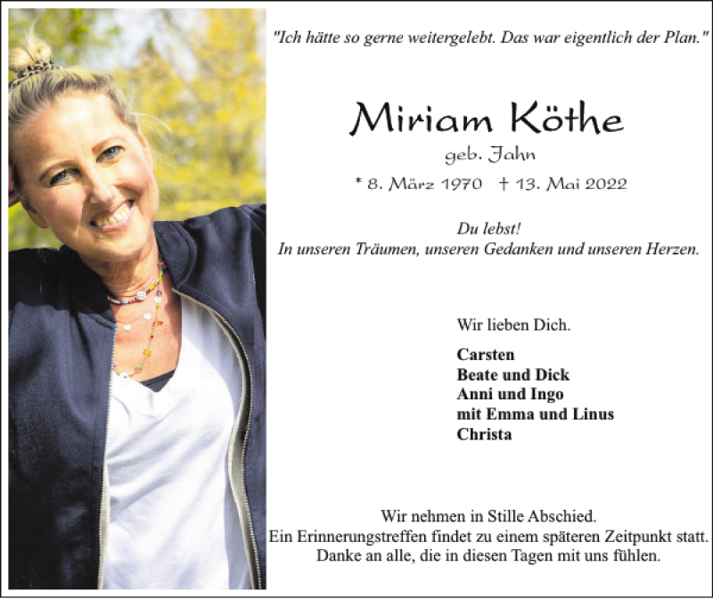  Traueranzeige für Miriam Köthe vom 21.05.2022 aus Sylter Rundschau