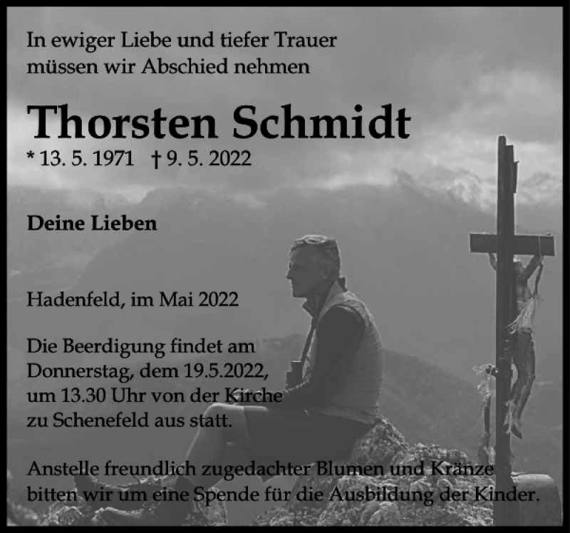  Traueranzeige für Thorsten Schmidt vom 14.05.2022 aus Norddeutsche Rundschau