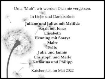 Traueranzeige von und Kaisborstel im Mai Oma Muh  von Norddeutsche Rundschau