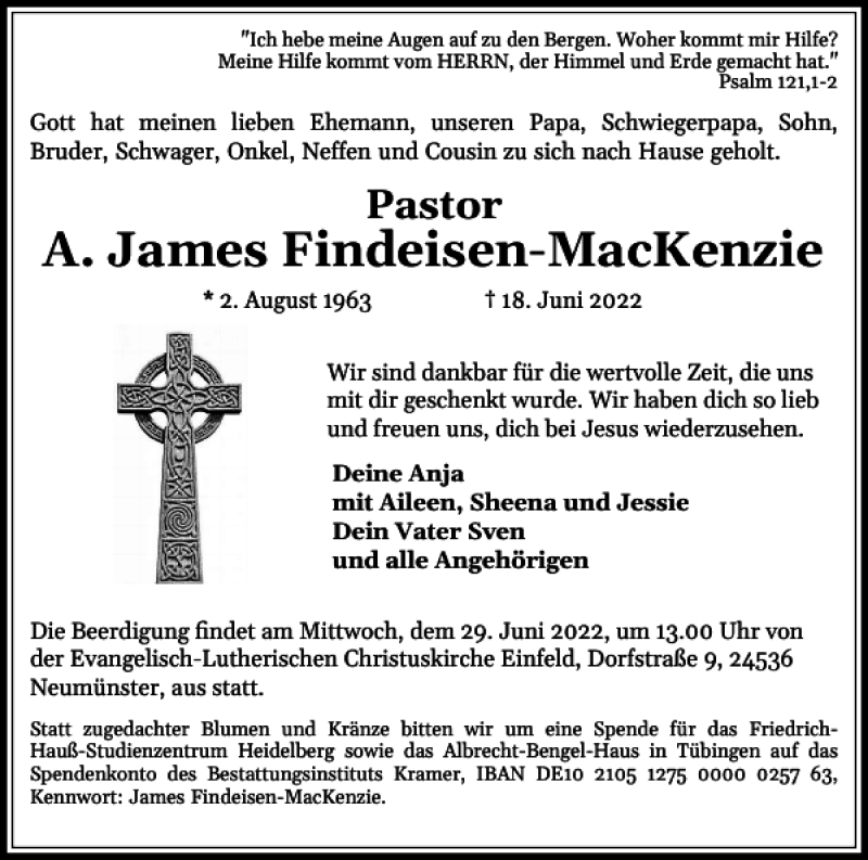  Traueranzeige für A. James Findeisen-Mac Kenzie vom 25.06.2022 aus Holsteinischer Courier