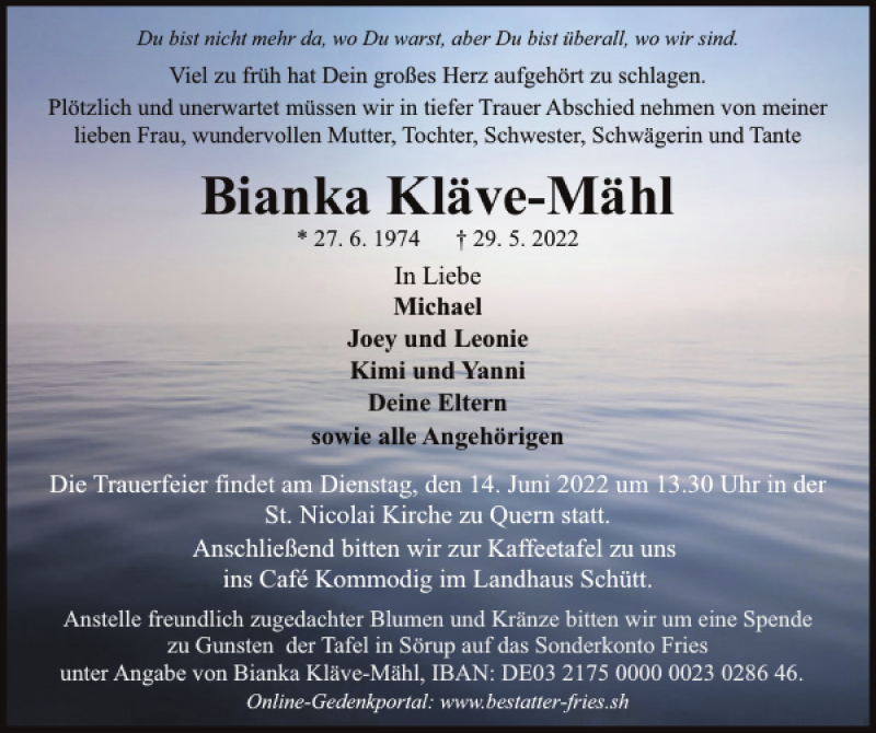 Traueranzeige für Bianka Kläve-Mähl vom 04.06.2022 aus Flensburger Tageblatt