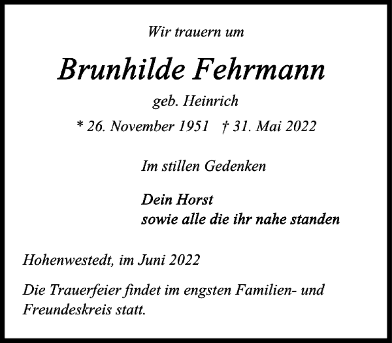  Traueranzeige für Brunhilde Fehrmann vom 10.06.2022 aus Landeszeitung