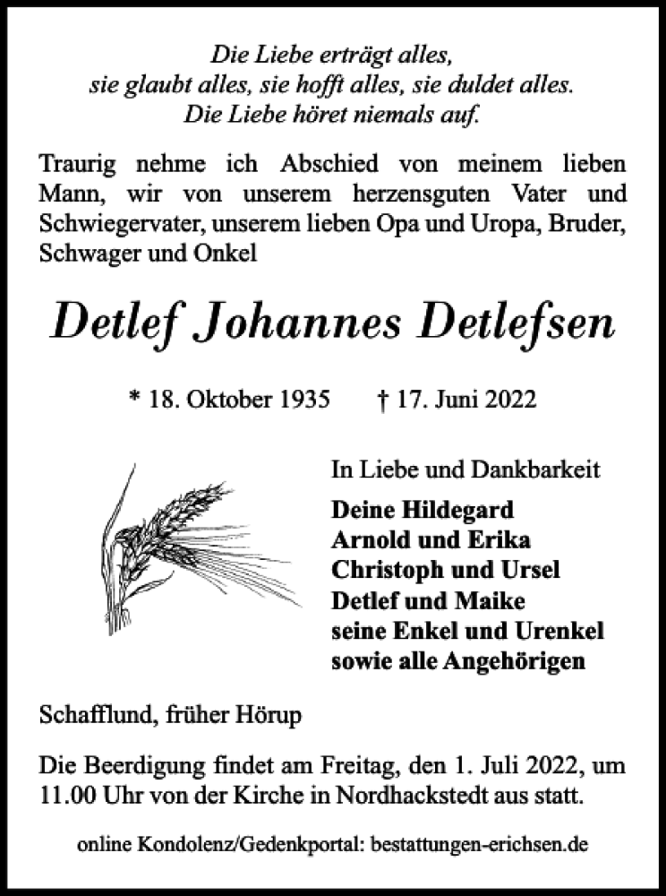  Traueranzeige für Detlef Johannes Detlefsen vom 25.06.2022 aus Flensburger Tageblatt