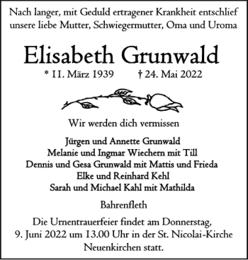 Traueranzeige von Elisabeth Grunwald von Norddeutsche Rundschau