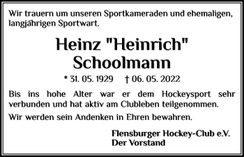 Traueranzeige von Heinz Heinrich Schoolmann von Flensburger Tageblatt