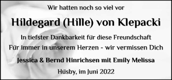 Traueranzeige von Hildegard Hille von Klepacki von Schleswiger Nachrichten