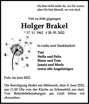 Traueranzeige von Holger Brakel von Norddeutsche Rundschau