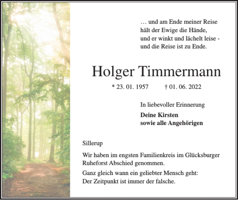  Traueranzeige für Holger Timmermann vom 21.06.2022 aus Flensburger Tageblatt