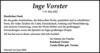 Traueranzeige von Inge Vorster von Landeszeitung