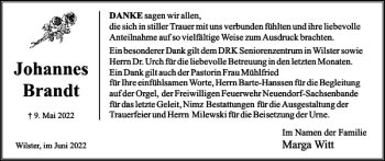 Traueranzeige von Johannes Brandt von Norddeutsche Rundschau