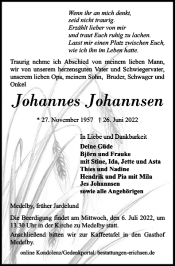 Traueranzeige von Johannes Johannsen von Flensburger Tageblatt