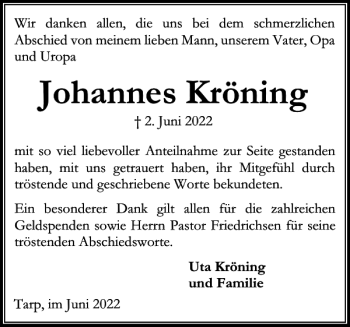 Traueranzeige von Johannes Kröning von Flensburger Tageblatt