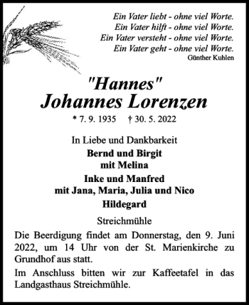 Traueranzeige von Johannes Lorenzen von Flensburger Tageblatt