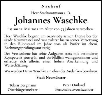 Traueranzeige von Johannes Waschke von Holsteinischer Courier