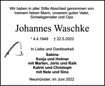 Traueranzeige von Johannes Waschke von Holsteinischer Courier