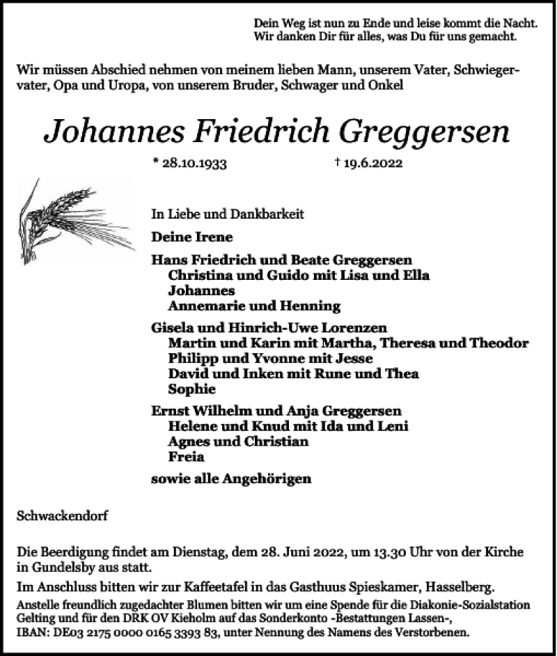  Traueranzeige für Johannes Friedrich Greggersen vom 22.06.2022 aus Flensburger Tageblatt