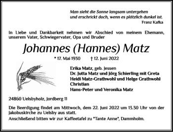 Traueranzeige von Johannes Hannes Matz von Flensburger Tageblatt