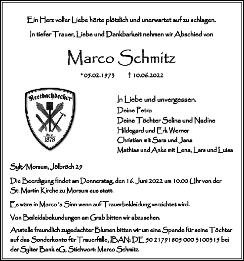  Traueranzeige für Marco Schmitz vom 14.06.2022 aus Sylter Rundschau