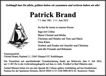 Traueranzeige von Patrick Brand von Stormarner Tageblatt