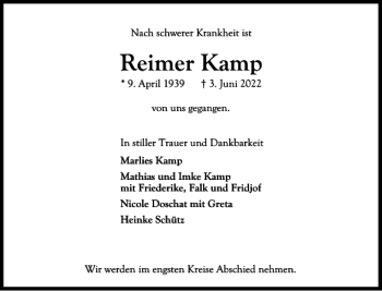 Traueranzeige von Reimer Kamp von Ostholsteiner Anzeiger