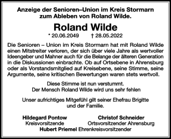 Traueranzeige von Roland Wilde von Stormarner Tageblatt