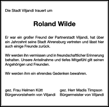 Traueranzeige von Roland Wilde von Stormarner Tageblatt