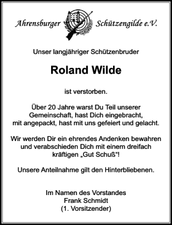Traueranzeige von Roland Wilde von Stormarner Tageblatt