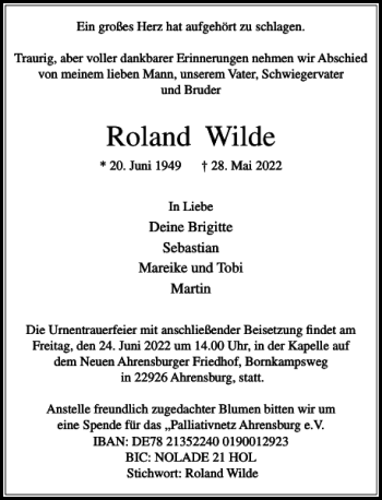 Traueranzeige von Roland Wilde von Stormarner Tageblatt