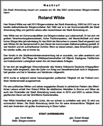 Traueranzeige von Roland Wilde von Stormarner Tageblatt