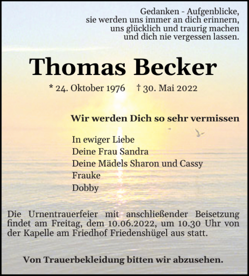  Traueranzeige für Thomas Becker vom 04.06.2022 aus Flensburger Tageblatt