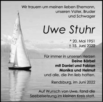 Traueranzeige von Uwe Stuhr von Landeszeitung