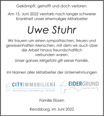 Traueranzeige von Uwe Stuhr von Landeszeitung