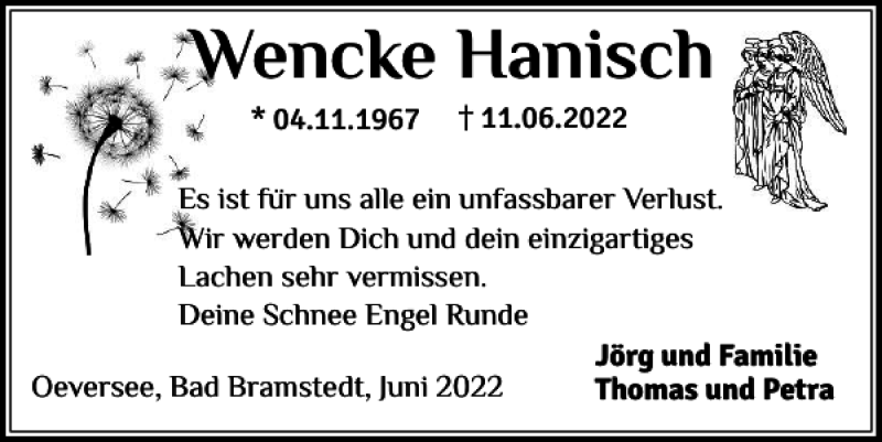 Traueranzeige für Wencke Hanisch vom 24.06.2022 aus Flensburger Tageblatt