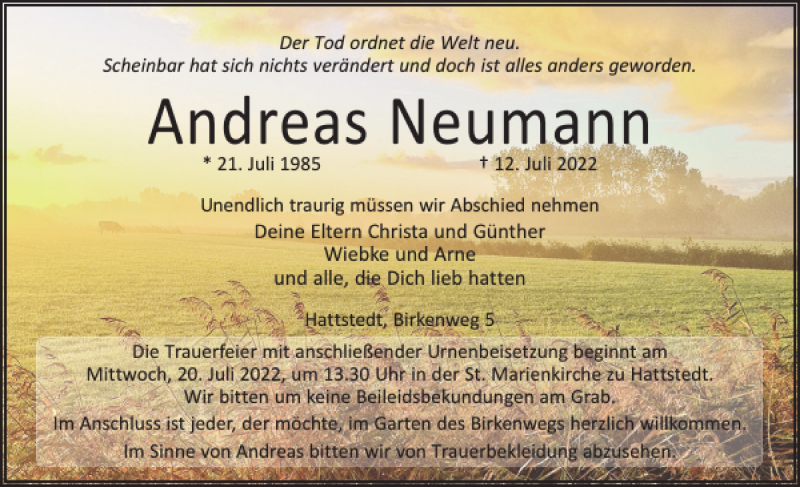  Traueranzeige für Andreas Neumann vom 15.07.2022 aus Husumer Nachrichten