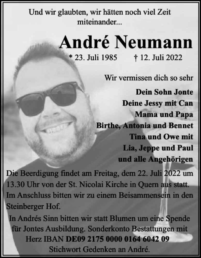  Traueranzeige für André Neumann vom 18.07.2022 aus Flensburger Tageblatt