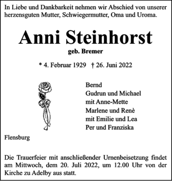 Traueranzeige von Anni Steinhorst von Flensburger Tageblatt