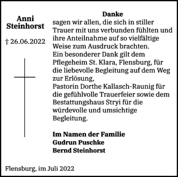 Traueranzeige von Anni Steinhorst von Flensburger Tageblatt