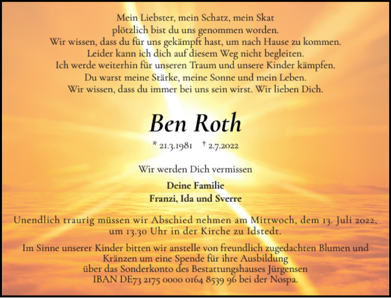  Traueranzeige für Ben Roth vom 09.07.2022 aus Schleswiger Nachrichten