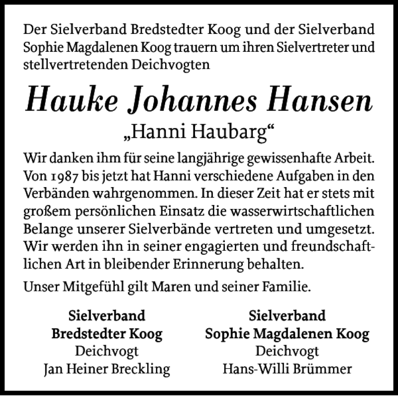  Traueranzeige für Hauke Johannes Hansen vom 20.07.2022 aus Husumer Nachrichten