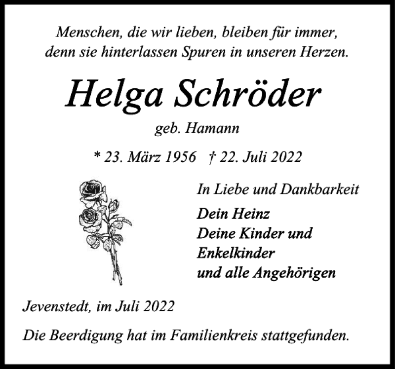  Traueranzeige für Helga Schröder vom 30.07.2022 aus Landeszeitung