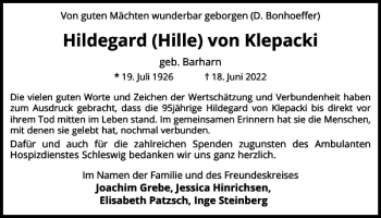 Traueranzeige von Hildegard Hille von Klepacki von Schleswiger Nachrichten