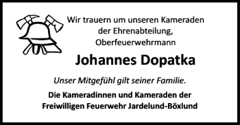Traueranzeige von Johannes Dopatka von Flensburger Tageblatt