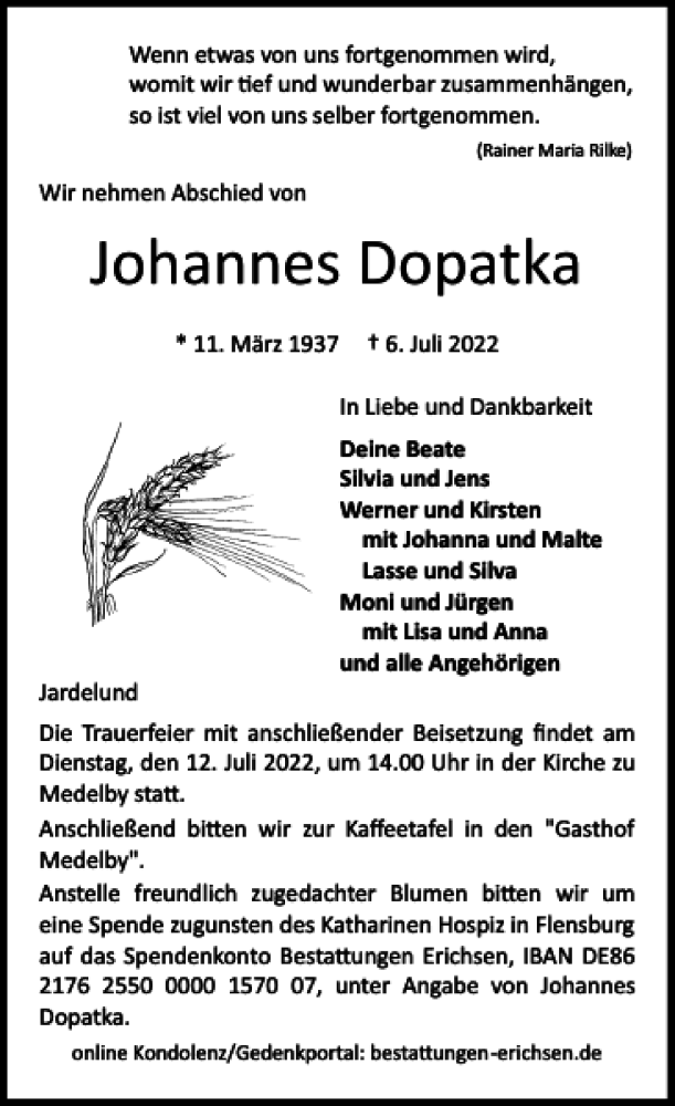  Traueranzeige für Johannes Dopatka vom 09.07.2022 aus Flensburger Tageblatt