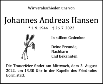 Traueranzeige von Johannes Andreas Hansen von Landeszeitung
